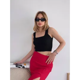 Yırtmaçlı Esnek Kumaş Midi Boy Etek Koyu Kırmızı (Beden: S)