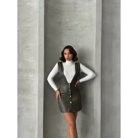 Deri Jile Elbise Haki W24796 (Beden: M)