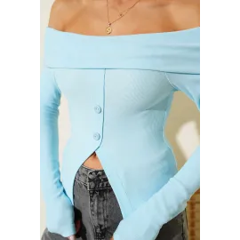 Madonna Yaka Düğmeli Bluz Mavi T4329 (Beden: L)