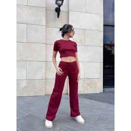 Bol Paça Pantolonlu Alt Üst Takım Bordo (Beden: L)