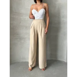 Pileli Keten Pantolon S255046 Bej (Beden: M)