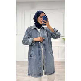 Taşlı Tunik Ceket Kar Yıkamalı Mavi D2516 (Beden: S/M)