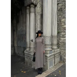 Boğazlı Kalın Bürümcük Uzun Elbise Vizon (Beden: S)