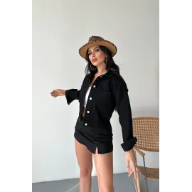 Çift Cepli Kol Katlamalı Süper Taş Enzim Yıkamalı Crop Kot Ceket Siyah D2000 (Beden: M)