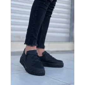 Kb-X502  Kuback Siyah Cilt Yüksek Siyah Taban Bağcık Detaylı Lastikli Günlük Erkek Ayakkabı (Numara: 40)