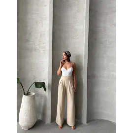 Pileli Keten Pantolon S255046 Bej (Beden: M)