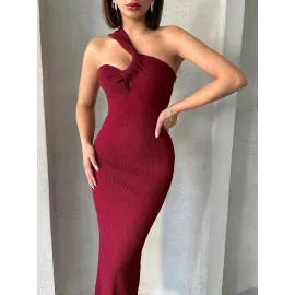 Krinkıl Tek Omuz Uzun Elbise Bordo S25455 (Beden: L)