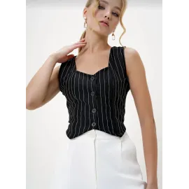 Çizgili Krep Düğmeli Yelek Siyah S3395 (Beden: Xl)