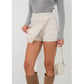İki Düğmeli Kaz Ayağı Desen Ch Kumaş Şort Etek Beyazturuncu H26414 (Beden: S)