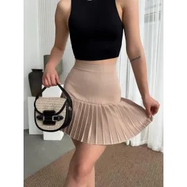 Altı Pliseli Mini Etek Bej (Beden: S)