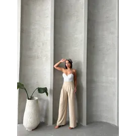 Pileli Keten Pantolon S255046 Bej (Beden: M)