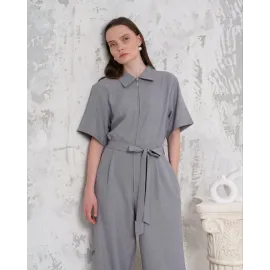 Kuşaklı Gömlek Yaka Salaş Tulum Gri S255822 (Beden: L)
