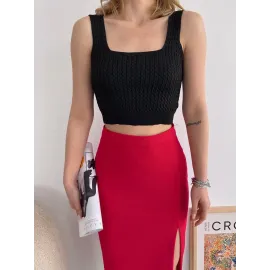 Yırtmaçlı Esnek Kumaş Midi Boy Etek Koyu Kırmızı (Beden: M)