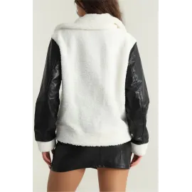Deri Garnili Kuzu Peluş Mont Beyaz T1220 (Beden: L)
