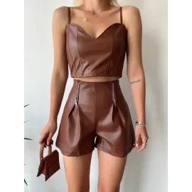 Çift Fermuarlı Deri Şort Kahve H24394 (Beden: S)