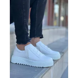 Kb-X502  Kuback Beyaz Cilt Yüksek Beyaz Taban Bağcık Detaylı Lastikli Günlük Erkek Ayakkabı (Numara: 41)