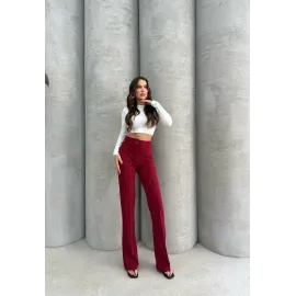 Önü Cumalı İthal Krep Pantolon Bordo (Beden: M)