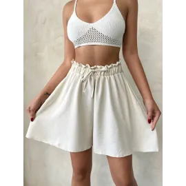 Volanlı Keten Şort Bej S255058 (Beden: Xl)