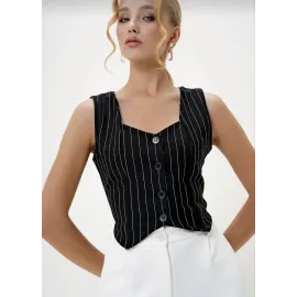 Çizgili Krep Düğmeli Yelek Siyah S3395 (Beden: S)