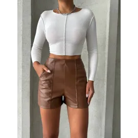 Parçalı Cepli Deri Şort Taba W26312 (Beden: M)