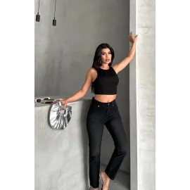 Mom Fit Enzim Bıyıklı Taş Yıkama Jeans Pantolon Siyah D2006 (Beden: 38)