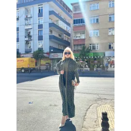 Siyah Çizgi Desenli Elbiseli Hırka Triko Takım Haki (Beden: Standart)