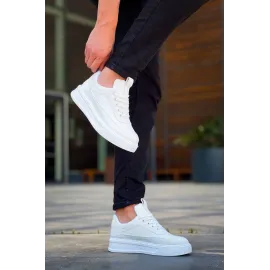 Kb-006 Kuback Beyaz Cilt  Yüksek Taban Bağcıklı Günlük Erkek Ayakkabı (Numara: 44)