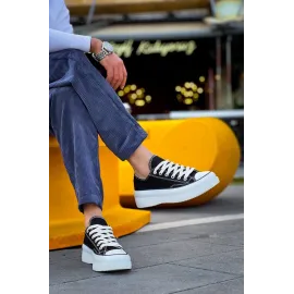 Kb-Cx-3 Kuback Kısa Siyah Keten Beyaz Yüksek Taban Spor Ayakkabı (Numara: 41)