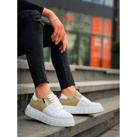 Kb-X155 Kuback Beyaz Cilt Bej Süet Detaylı Beyaz Yüksek Taban Günlük Spor Ayakkabı (Numara: 42)