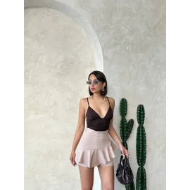 Valonlu Fırfırlı Şort Bej S24683 (Beden: S)