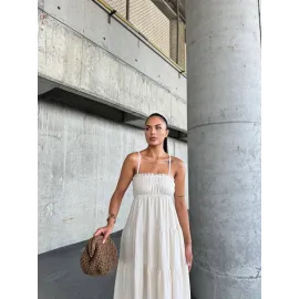 Dantelli Askılı Keten Elbise S4310 Bej (Beden: L)