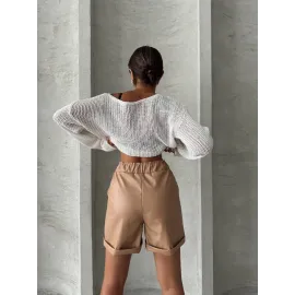 Beli Lastikli Duble Paça Deri Şort Bej W24755 (Beden: L)