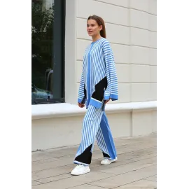 Çizgili Bisiklet Yaka Triko Takım Mavi (Beden: Standart)