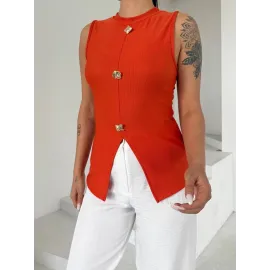 Kadın Turuncu Bisiklet Yaka Gold Düğmeli Ottoman Bluz S2310 (Beden: M)