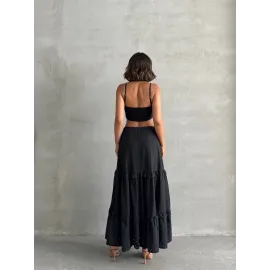 Fırfırlı Brodeli Astarlı Uzun Etek Siyah S255047 (Beden: M)