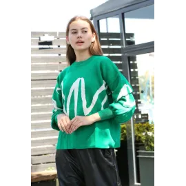 Beyaz Çizgili Bisiklet Yaka Kazak Yeşil (Beden: Standart)