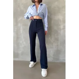 Önü Cumalı İthal Krep Pantolon Lacivert (Beden: M)