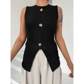 Kadın Siyah Bisiklet Yaka Gold Düğmeli Ottoman Bluz S2310 (Beden: S)