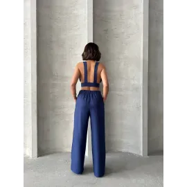 Crop Pantolon Keten Takım S255012 Lacivert (Beden: Xl)