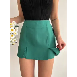 Çift Yırtmaçlı Atlas Şort Etek Yeşil S240364 (Beden: M)