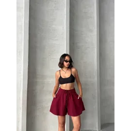 Volanlı Keten Şort Bordo S255058 (Beden: Xl)