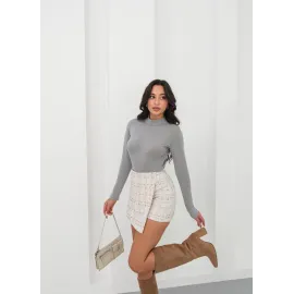 İki Düğmeli Kaz Ayağı Desen Ch Kumaş Şort Etek Beyazturuncu H26414 (Beden: L)