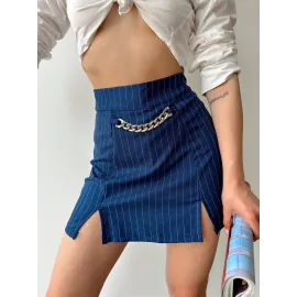 Zincir Detaylı Çizgili Şort Etek Lacivert (Beden: S)