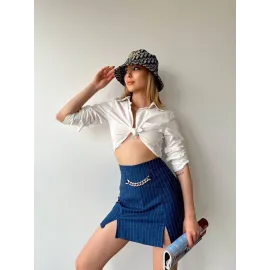 Zincir Detaylı Çizgili Şort Etek Lacivert (Beden: M)