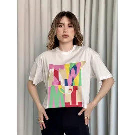 Baskılı Crop Tişört Beyaz (Beden: M)