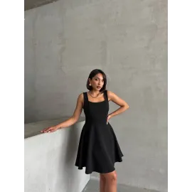 Kadın Kare Yaka Kısa Elbise S251188 Siyah (Beden: L)