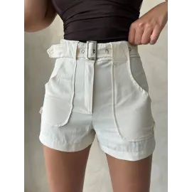 Kemer Detaylı Gabardin Şort Krem S25289 (Beden: L)