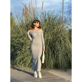 Madonna Yaka Uzun Elbise Şardonlu Kumaş Gri W3753 (Beden: L)