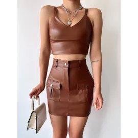 Önden İki Cepli Deri Etek Kahve H240040 (Beden: S)