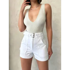 Kemer Detaylı Gabardin Şort Beyaz S25289 (Beden: Xl)